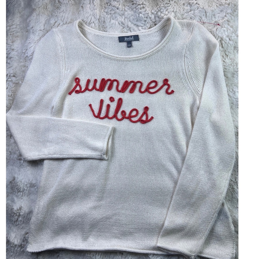 Marled Reunited Clothing Summer Vibes Embroidere Knit Sweater Ivory Red Sz L A40